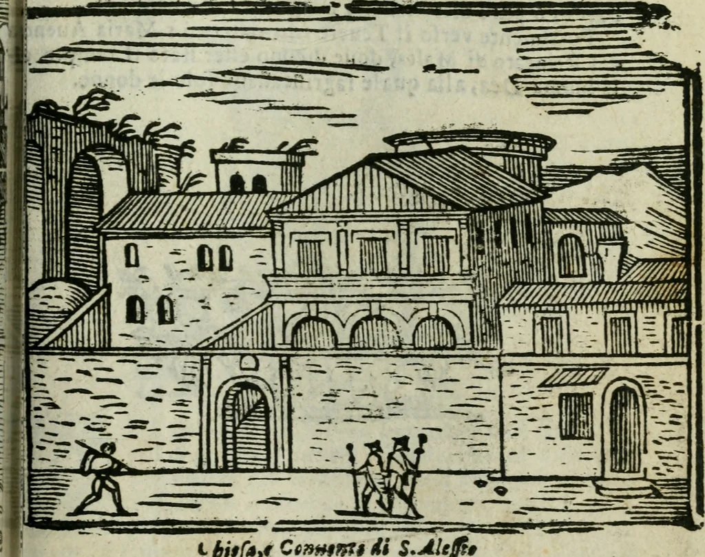 An illustration from Roma ricercata nel suo sito : con tutte le curiosità, che in essa si ritrouano, tanto antiche, come moderne, cioè chiese, monasterij, hospidali, collegij, seminarij, tempij, teatri, anfiteatri, naumachie, cerchi, fori, curie, palazzi, e statue, librarie, musei, pitture, sculture, & i nomi degli artefici, 1687, leaf 54