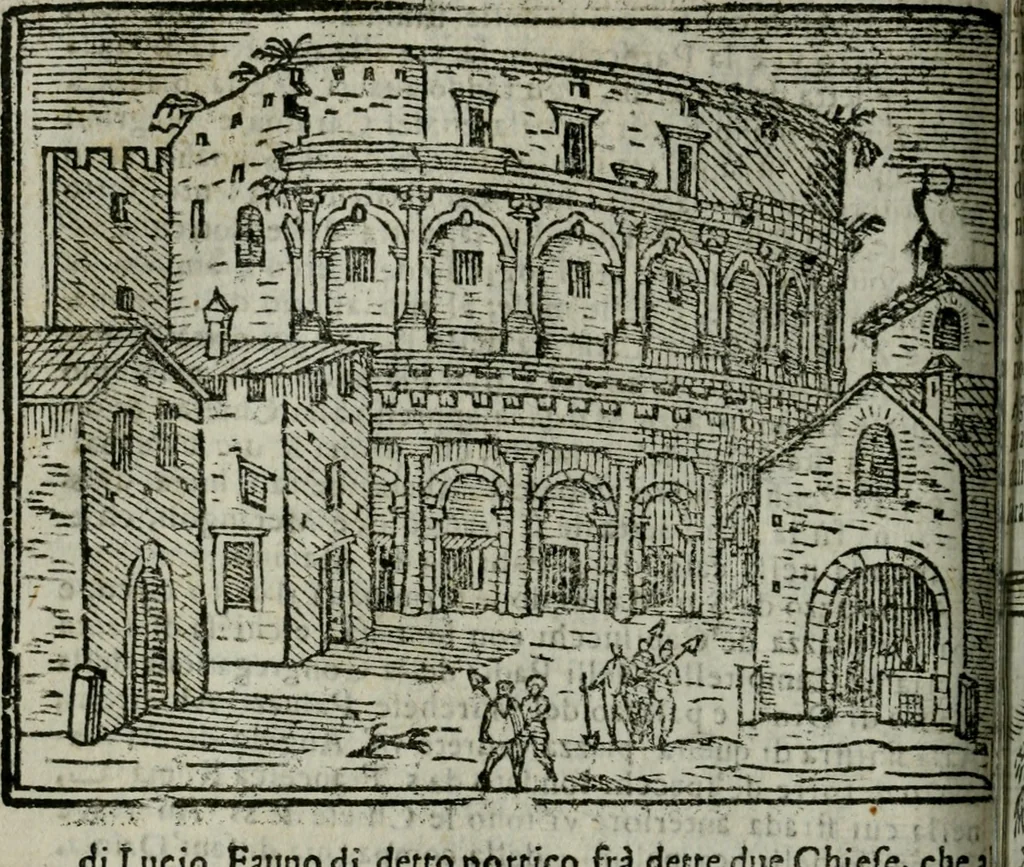 An illustration from Roma ricercata nel suo sito : con tutte le curiosità, che in essa si ritrouano, tanto antiche, come moderne, cioè chiese, monasterij, hospidali, collegij, seminarij, tempij, teatri, anfiteatri, naumachie, cerchi, fori, curie, palazzi, e statue, librarie, musei, pitture, sculture, & i nomi degli artefici, 1687, leaf 59