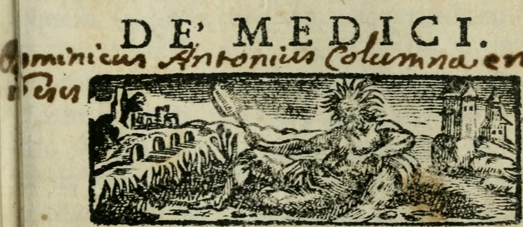 An illustration from Roma ricercata nel suo sito : con tutte le curiosità, che in essa si ritrouano, tanto antiche, come moderne, cioè chiese, monasterij, hospidali, collegij, seminarij, tempij, teatri, anfiteatri, naumachie, cerchi, fori, curie, palazzi, e statue, librarie, musei, pitture, sculture, & i nomi degli artefici, 1687, leaf 6