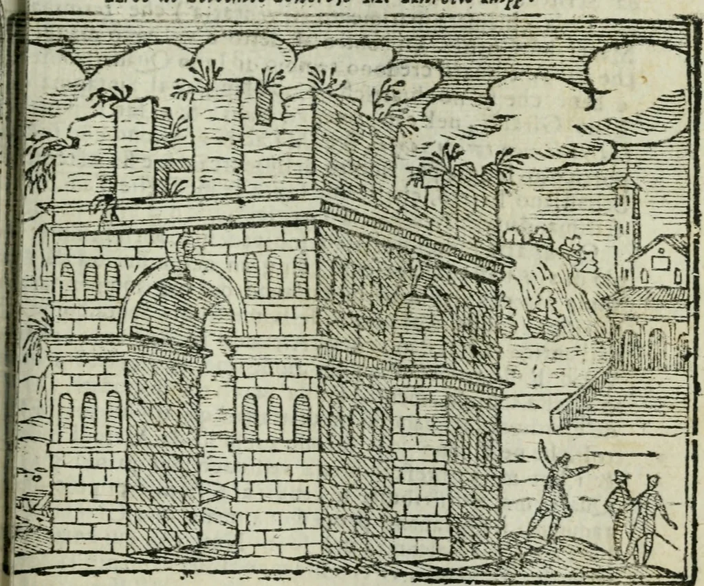 An illustration from Roma ricercata nel suo sito : con tutte le curiosità, che in essa si ritrouano, tanto antiche, come moderne, cioè chiese, monasterij, hospidali, collegij, seminarij, tempij, teatri, anfiteatri, naumachie, cerchi, fori, curie, palazzi, e statue, librarie, musei, pitture, sculture, & i nomi degli artefici, 1687, leaf 60