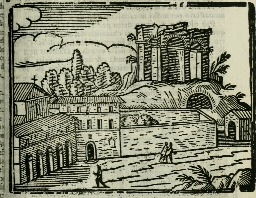 An illustration from Roma ricercata nel suo sito : con tutte le curiosità, che in essa si ritrouano, tanto antiche, come moderne, cioè chiese, monasterij, hospidali, collegij, seminarij, tempij, teatri, anfiteatri, naumachie, cerchi, fori, curie, palazzi, e statue, librarie, musei, pitture, sculture, & i nomi degli artefici, 1687, leaf 64