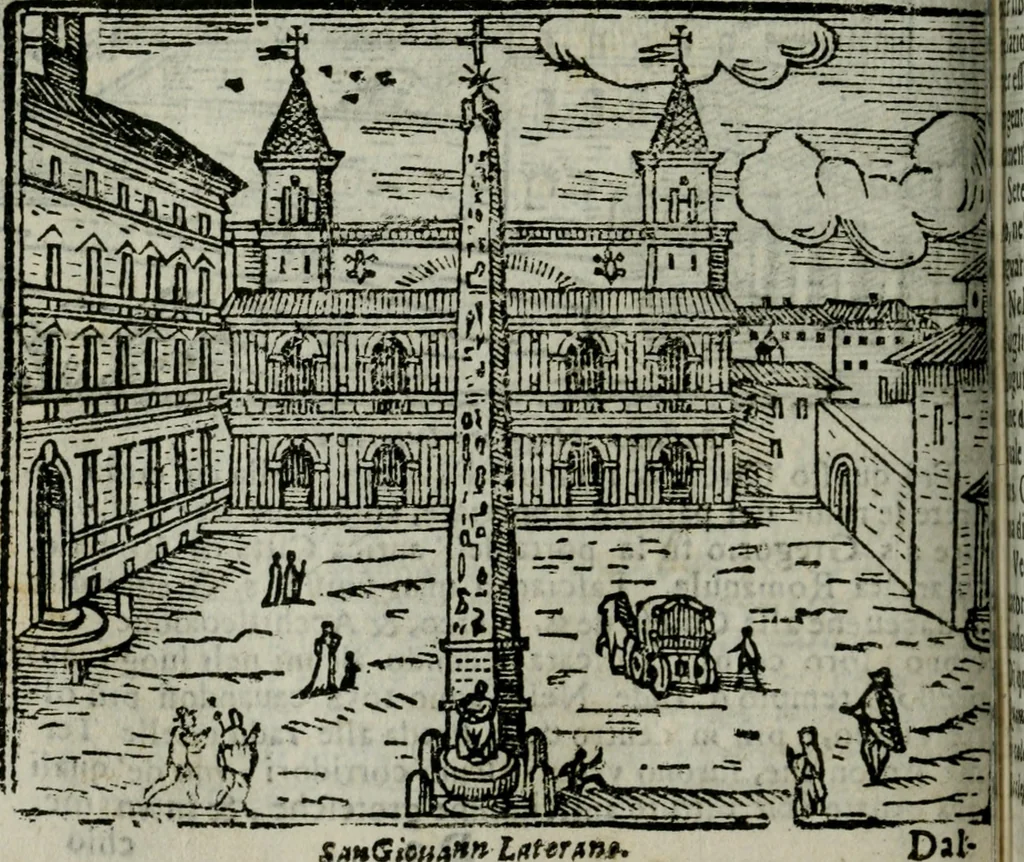 An illustration from Roma ricercata nel suo sito : con tutte le curiosità, che in essa si ritrouano, tanto antiche, come moderne, cioè chiese, monasterij, hospidali, collegij, seminarij, tempij, teatri, anfiteatri, naumachie, cerchi, fori, curie, palazzi, e statue, librarie, musei, pitture, sculture, & i nomi degli artefici, 1687, leaf 65