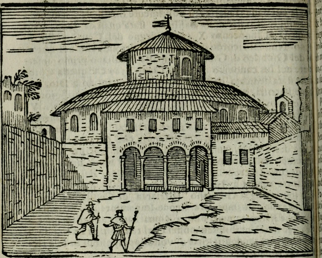 An illustration from Roma ricercata nel suo sito : con tutte le curiosità, che in essa si ritrouano, tanto antiche, come moderne, cioè chiese, monasterij, hospidali, collegij, seminarij, tempij, teatri, anfiteatri, naumachie, cerchi, fori, curie, palazzi, e statue, librarie, musei, pitture, sculture, & i nomi degli artefici, 1687, leaf 67