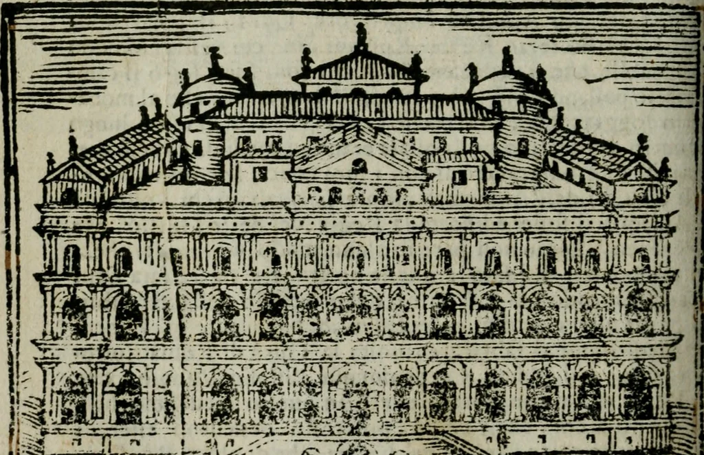 An illustration from Roma ricercata nel suo sito : con tutte le curiosità, che in essa si ritrouano, tanto antiche, come moderne, cioè chiese, monasterij, hospidali, collegij, seminarij, tempij, teatri, anfiteatri, naumachie, cerchi, fori, curie, palazzi, e statue, librarie, musei, pitture, sculture, & i nomi degli artefici, 1687, leaf 69