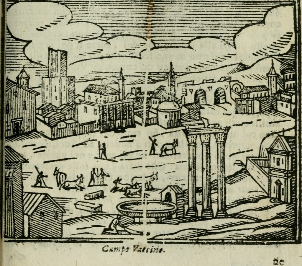 An illustration from Roma ricercata nel suo sito : con tutte le curiosità, che in essa si ritrouano, tanto antiche, come moderne, cioè chiese, monasterij, hospidali, collegij, seminarij, tempij, teatri, anfiteatri, naumachie, cerchi, fori, curie, palazzi, e statue, librarie, musei, pitture, sculture, & i nomi degli artefici, 1687, leaf 70