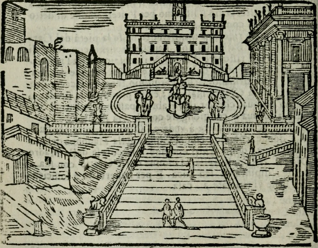 An illustration from Roma ricercata nel suo sito : con tutte le curiosità, che in essa si ritrouano, tanto antiche, come moderne, cioè chiese, monasterij, hospidali, collegij, seminarij, tempij, teatri, anfiteatri, naumachie, cerchi, fori, curie, palazzi, e statue, librarie, musei, pitture, sculture, & i nomi degli artefici, 1687, leaf 73