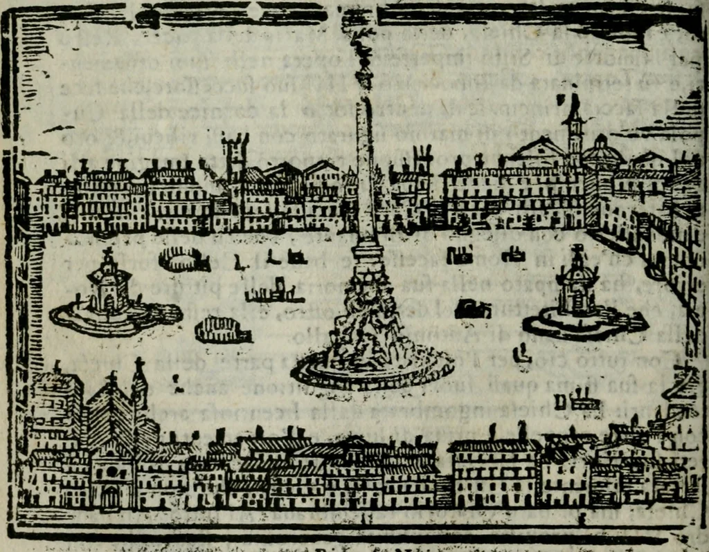An illustration from Roma ricercata nel suo sito : con tutte le curiosità, che in essa si ritrouano, tanto antiche, come moderne, cioè chiese, monasterij, hospidali, collegij, seminarij, tempij, teatri, anfiteatri, naumachie, cerchi, fori, curie, palazzi, e statue, librarie, musei, pitture, sculture, & i nomi degli artefici, 1687, leaf 75