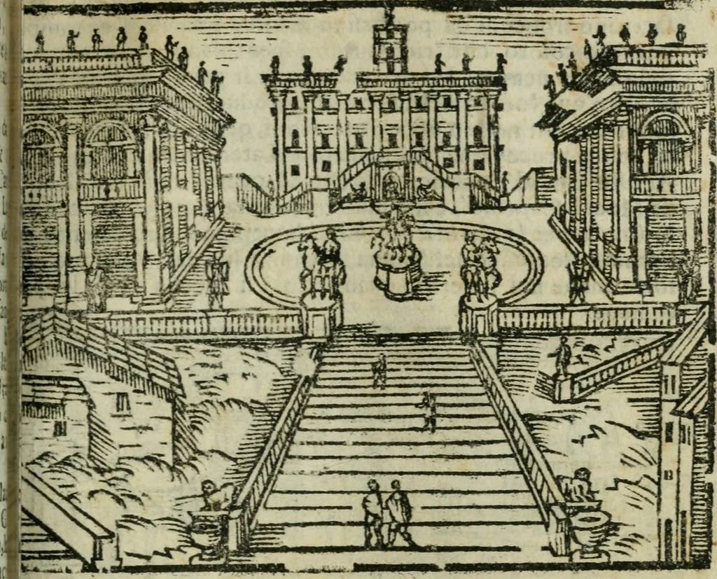 An illustration from Roma ricercata nel suo sito : con tutte le curiosità, che in essa si ritrouano, tanto antiche, come moderne, cioè chiese, monasterij, hospidali, collegij, seminarij, tempij, teatri, anfiteatri, naumachie, cerchi, fori, curie, palazzi, e statue, librarie, musei, pitture, sculture, & i nomi degli artefici, 1687, leaf 78