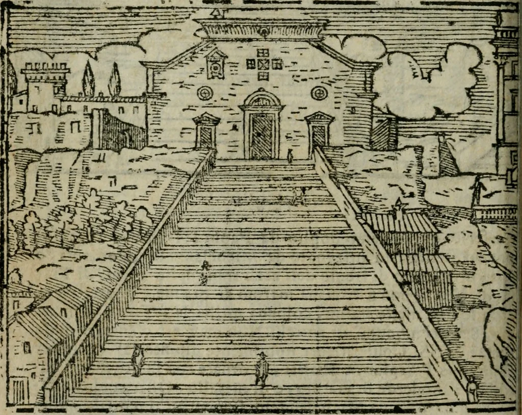 An illustration from Roma ricercata nel suo sito : con tutte le curiosità, che in essa si ritrouano, tanto antiche, come moderne, cioè chiese, monasterij, hospidali, collegij, seminarij, tempij, teatri, anfiteatri, naumachie, cerchi, fori, curie, palazzi, e statue, librarie, musei, pitture, sculture, & i nomi degli artefici, 1687, leaf 79