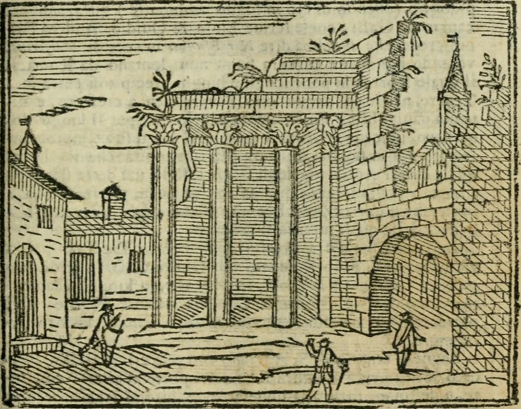 An illustration from Roma ricercata nel suo sito : con tutte le curiosità, che in essa si ritrouano, tanto antiche, come moderne, cioè chiese, monasterij, hospidali, collegij, seminarij, tempij, teatri, anfiteatri, naumachie, cerchi, fori, curie, palazzi, e statue, librarie, musei, pitture, sculture, & i nomi degli artefici, 1687, leaf 80