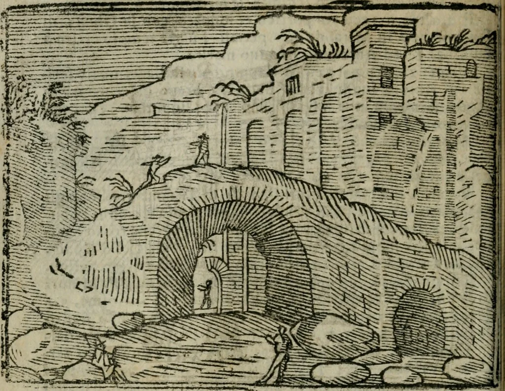 An illustration from Roma ricercata nel suo sito : con tutte le curiosità, che in essa si ritrouano, tanto antiche, come moderne, cioè chiese, monasterij, hospidali, collegij, seminarij, tempij, teatri, anfiteatri, naumachie, cerchi, fori, curie, palazzi, e statue, librarie, musei, pitture, sculture, & i nomi degli artefici, 1687, leaf 83