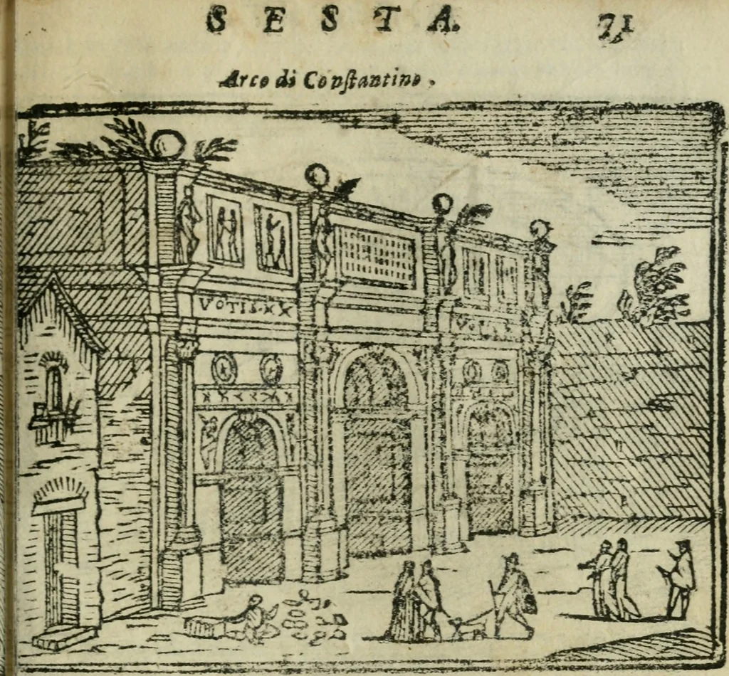 An illustration from Roma ricercata nel suo sito : con tutte le curiosità, che in essa si ritrouano, tanto antiche, come moderne, cioè chiese, monasterij, hospidali, collegij, seminarij, tempij, teatri, anfiteatri, naumachie, cerchi, fori, curie, palazzi, e statue, librarie, musei, pitture, sculture, & i nomi degli artefici, 1687, leaf 84