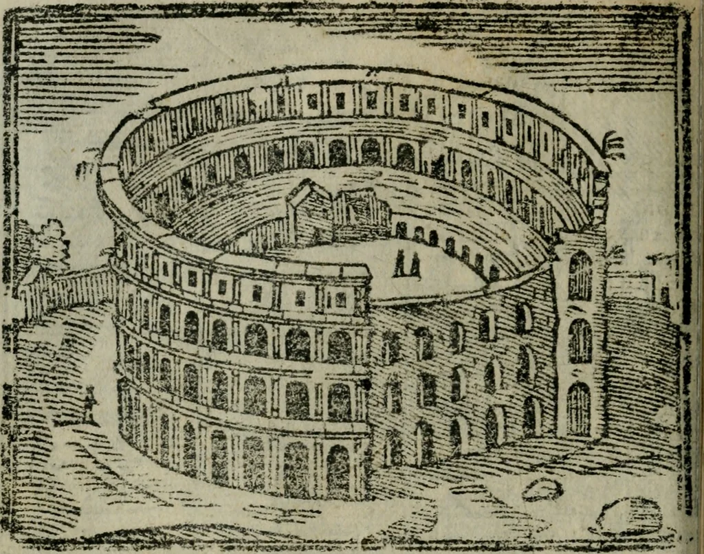 An illustration from Roma ricercata nel suo sito : con tutte le curiosità, che in essa si ritrouano, tanto antiche, come moderne, cioè chiese, monasterij, hospidali, collegij, seminarij, tempij, teatri, anfiteatri, naumachie, cerchi, fori, curie, palazzi, e statue, librarie, musei, pitture, sculture, & i nomi degli artefici, 1687, leaf 85