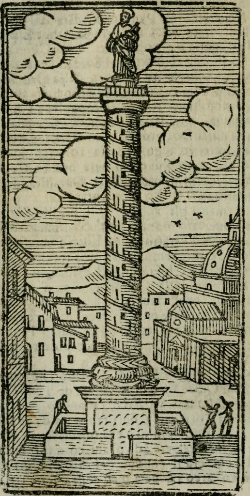 An illustration from Roma ricercata nel suo sito : con tutte le curiosità, che in essa si ritrouano, tanto antiche, come moderne, cioè chiese, monasterij, hospidali, collegij, seminarij, tempij, teatri, anfiteatri, naumachie, cerchi, fori, curie, palazzi, e statue, librarie, musei, pitture, sculture, & i nomi degli artefici, 1687, leaf 89