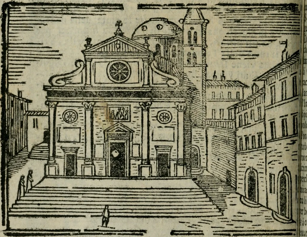 An illustration from Roma ricercata nel suo sito : con tutte le curiosità, che in essa si ritrouano, tanto antiche, come moderne, cioè chiese, monasterij, hospidali, collegij, seminarij, tempij, teatri, anfiteatri, naumachie, cerchi, fori, curie, palazzi, e statue, librarie, musei, pitture, sculture, & i nomi degli artefici, 1687, leaf 91