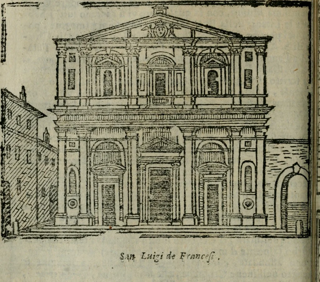 An illustration from Roma ricercata nel suo sito : con tutte le curiosità, che in essa si ritrouano, tanto antiche, come moderne, cioè chiese, monasterij, hospidali, collegij, seminarij, tempij, teatri, anfiteatri, naumachie, cerchi, fori, curie, palazzi, e statue, librarie, musei, pitture, sculture, & i nomi degli artefici, 1687, leaf 93