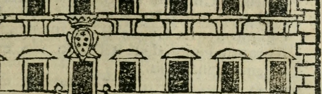 An illustration from Roma ricercata nel suo sito : con tutte le curiosità, che in essa si ritrouano, tanto antiche, come moderne, cioè chiese, monasterij, hospidali, collegij, seminarij, tempij, teatri, anfiteatri, naumachie, cerchi, fori, curie, palazzi, e statue, librarie, musei, pitture, sculture, & i nomi degli artefici, 1687, leaf 94