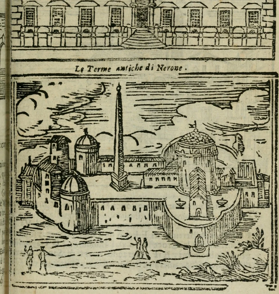 An illustration from Roma ricercata nel suo sito : con tutte le curiosità, che in essa si ritrouano, tanto antiche, come moderne, cioè chiese, monasterij, hospidali, collegij, seminarij, tempij, teatri, anfiteatri, naumachie, cerchi, fori, curie, palazzi, e statue, librarie, musei, pitture, sculture, & i nomi degli artefici, 1687, leaf 94