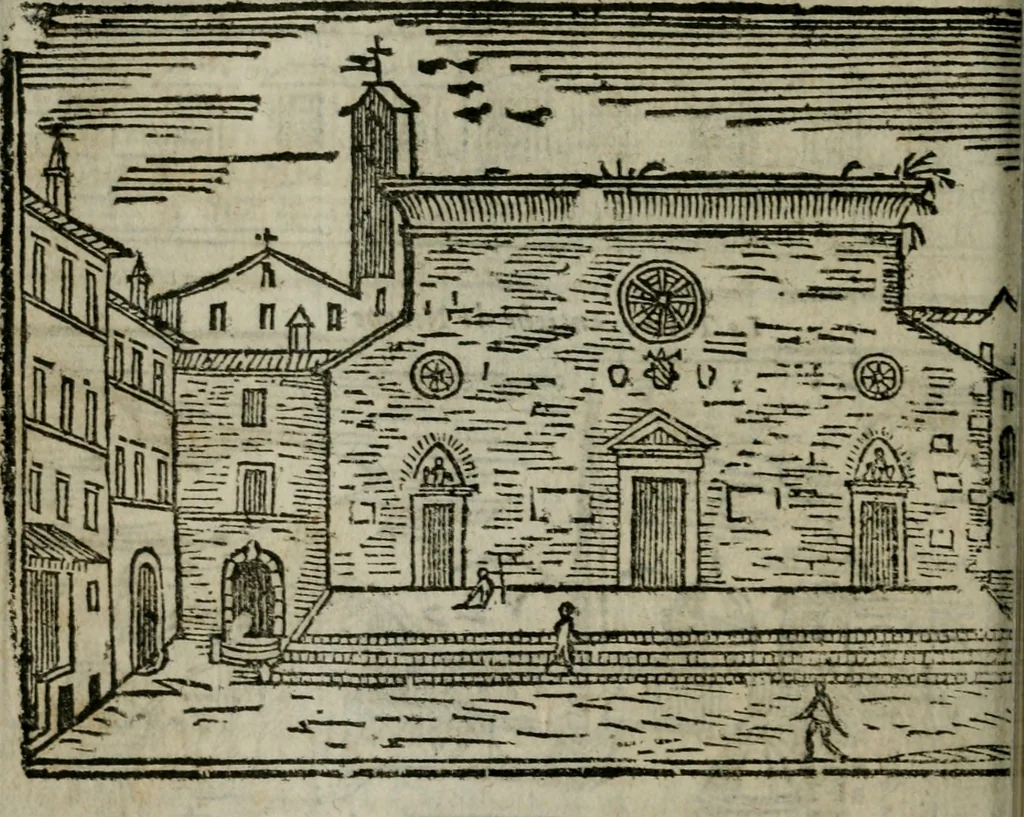 An illustration from Roma ricercata nel suo sito : con tutte le curiosità, che in essa si ritrouano, tanto antiche, come moderne, cioè chiese, monasterij, hospidali, collegij, seminarij, tempij, teatri, anfiteatri, naumachie, cerchi, fori, curie, palazzi, e statue, librarie, musei, pitture, sculture, & i nomi degli artefici, 1687, leaf 95