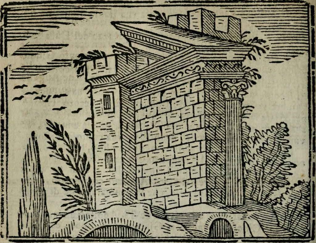 An illustration from Roma ricercata nel suo sito : con tutte le curiosità, che in essa si ritrouano, tanto antiche, come moderne, cioè chiese, monasterij, hospidali, collegij, seminarij, tempij, teatri, anfiteatri, naumachie, cerchi, fori, curie, palazzi, e statue, librarie, musei, pitture, sculture, & i nomi degli artefici, 1687, leaf 97