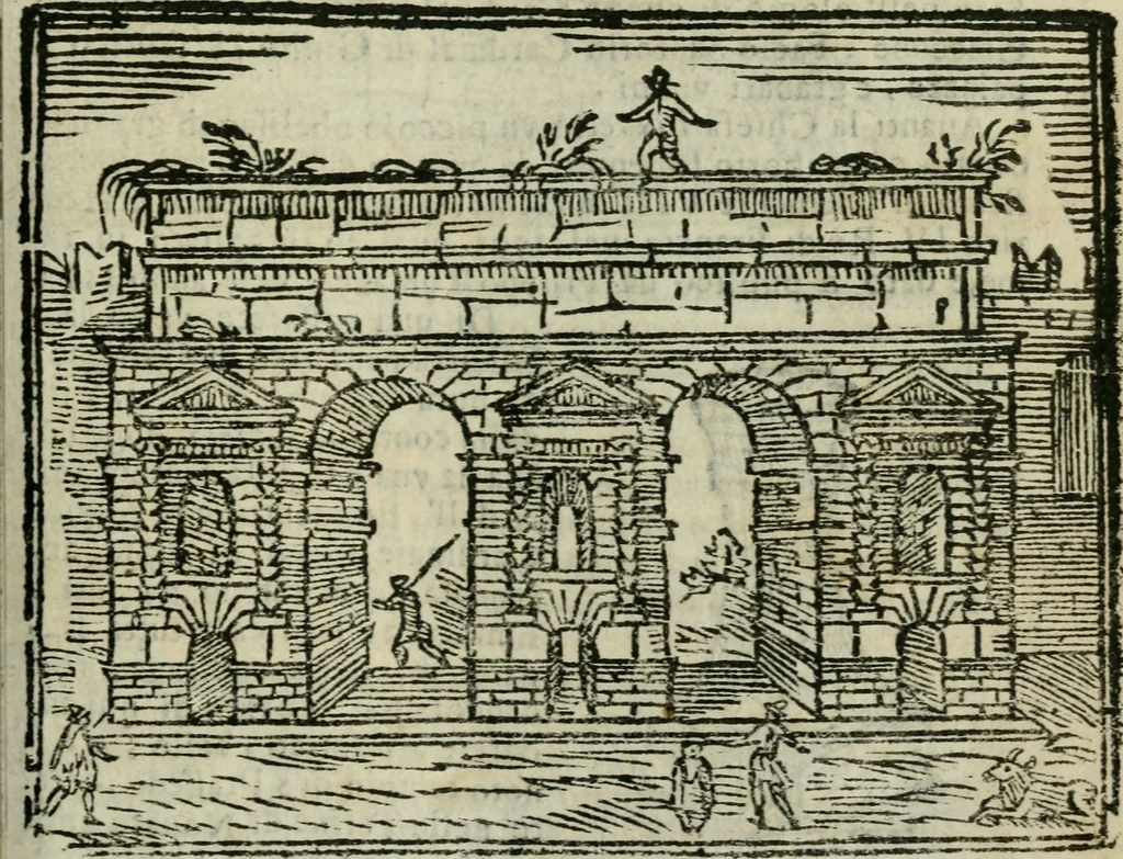 An illustration from Roma ricercata nel suo sito : con tutte le curiosità, che in essa si ritrouano, tanto antiche, come moderne, cioè chiese, monasterij, hospidali, collegij, seminarij, tempij, teatri, anfiteatri, naumachie, cerchi, fori, curie, palazzi, e statue, librarie, musei, pitture, sculture, & i nomi degli artefici, 1687, leaf 98