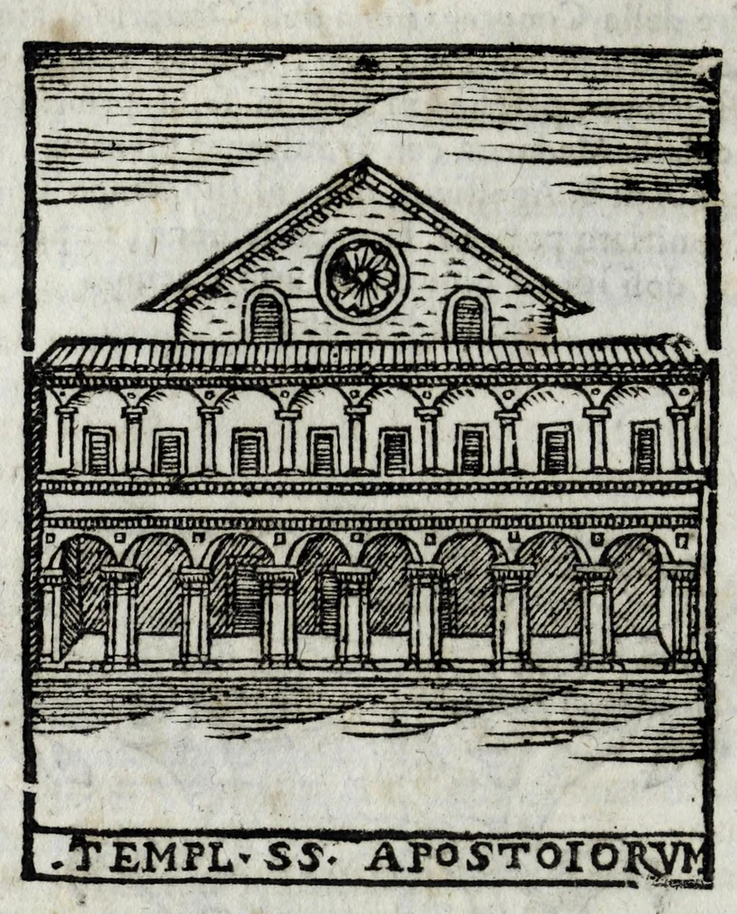 An illustration from Roma sacra, antica, e moderna : figurata e diuisa in tre parti, nella prima delle quali si contengono tutte le chiese, reliquie, stationi, indulgenze, ospedali, monasteri, compagnie, collegij seminari, pitture, e scolture, con la vita de' fondatori, e nomi degl' artefici : nella seconda si contiene la genealogia di Romolo, la serie de i rè, consoli e imperatori, teatri, anfiteatri, naumachie, cerchij, fori, curie, palazzi, & altre antichità : nella terza si contiene la descrittione dello stato presente secondo l'ordine di quattordici rioni, con le loro strade, piazze, fontane ... medaglie di tutti i pontefici delineate dal famoso Tempesta, e nomi dell' imperatori, rè, e duchi : cauate da Tito Liuio ... & altri graui autori : con tauola copiosa, & aggionta di tutte le cose notabili, 1687, leaf 174