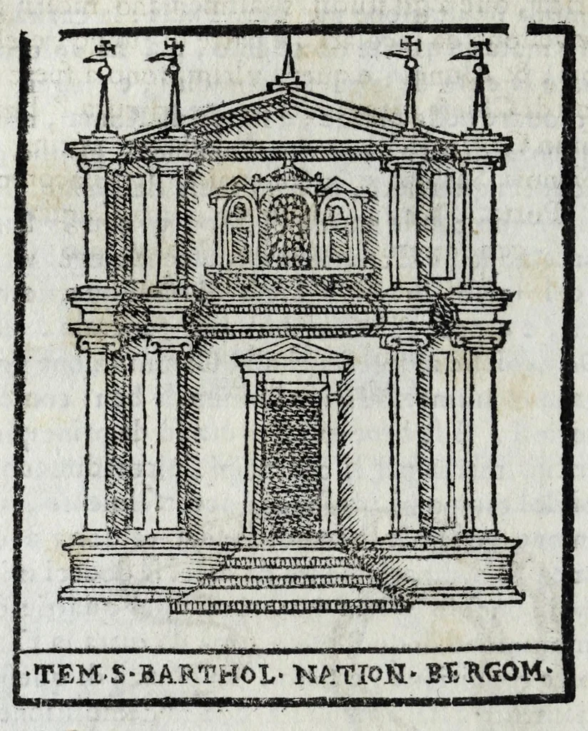 An illustration from Roma sacra, antica, e moderna : figurata e diuisa in tre parti, nella prima delle quali si contengono tutte le chiese, reliquie, stationi, indulgenze, ospedali, monasteri, compagnie, collegij seminari, pitture, e scolture, con la vita de' fondatori, e nomi degl' artefici : nella seconda si contiene la genealogia di Romolo, la serie de i rè, consoli e imperatori, teatri, anfiteatri, naumachie, cerchij, fori, curie, palazzi, & altre antichità : nella terza si contiene la descrittione dello stato presente secondo l'ordine di quattordici rioni, con le loro strade, piazze, fontane ... medaglie di tutti i pontefici delineate dal famoso Tempesta, e nomi dell' imperatori, rè, e duchi : cauate da Tito Liuio ... & altri graui autori : con tauola copiosa, & aggionta di tutte le cose notabili, 1687, leaf 222