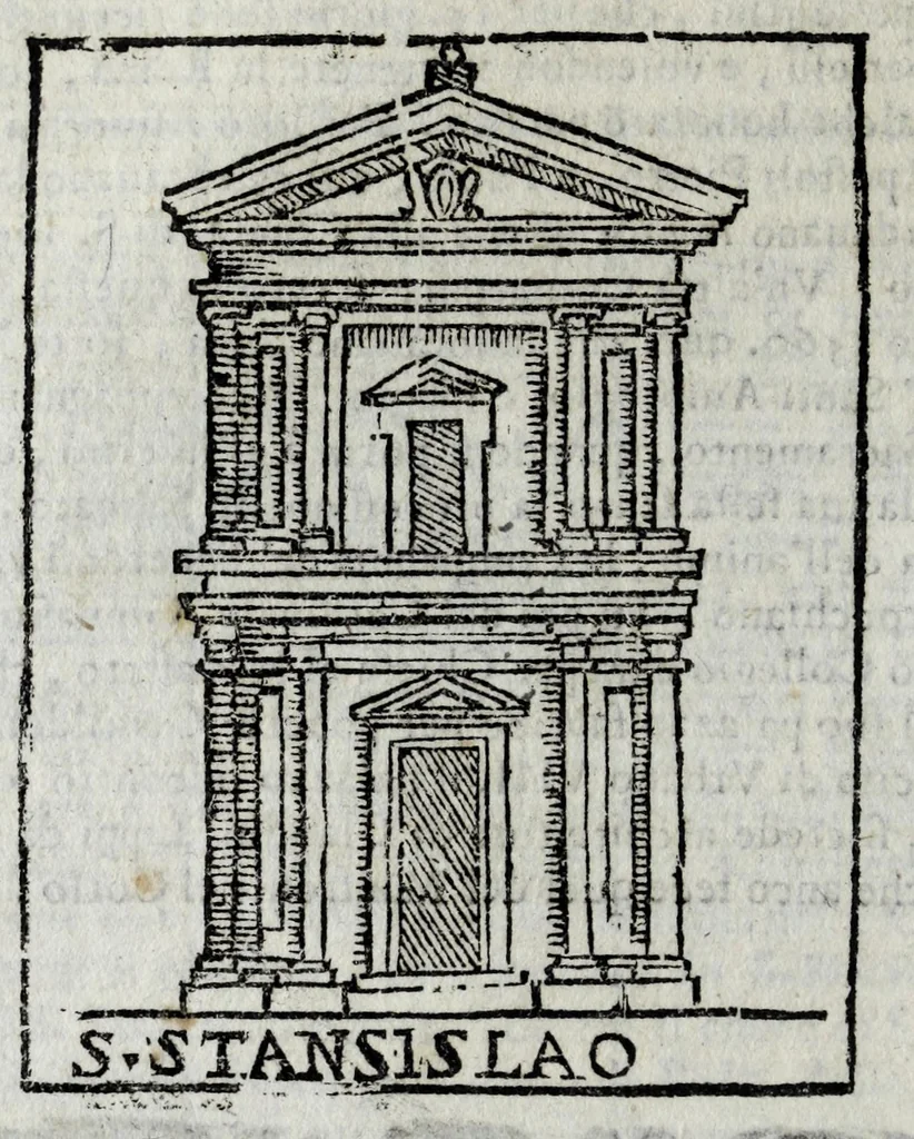 An illustration from Roma sacra, antica, e moderna : figurata e diuisa in tre parti, nella prima delle quali si contengono tutte le chiese, reliquie, stationi, indulgenze, ospedali, monasteri, compagnie, collegij seminari, pitture, e scolture, con la vita de' fondatori, e nomi degl' artefici : nella seconda si contiene la genealogia di Romolo, la serie de i rè, consoli e imperatori, teatri, anfiteatri, naumachie, cerchij, fori, curie, palazzi, & altre antichità : nella terza si contiene la descrittione dello stato presente secondo l'ordine di quattordici rioni, con le loro strade, piazze, fontane ... medaglie di tutti i pontefici delineate dal famoso Tempesta, e nomi dell' imperatori, rè, e duchi : cauate da Tito Liuio ... & altri graui autori : con tauola copiosa, & aggionta di tutte le cose notabili, 1687, leaf 344