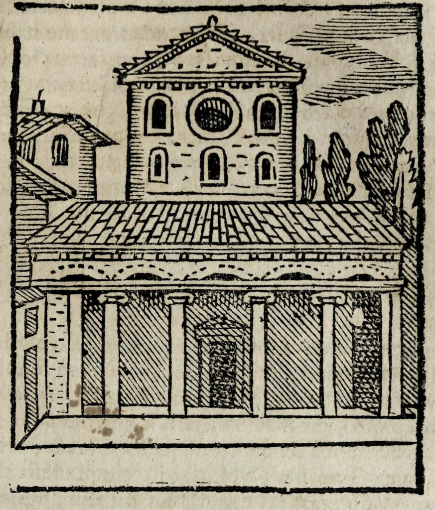 An illustration from Roma sacra, antica, e moderna : figurata e diuisa in tre parti, nella prima delle quali si contengono tutte le chiese, reliquie, stationi, indulgenze, ospedali, monasteri, compagnie, collegij seminari, pitture, e scolture, con la vita de' fondatori, e nomi degl' artefici : nella seconda si contiene la genealogia di Romolo, la serie de i rè, consoli e imperatori, teatri, anfiteatri, naumachie, cerchij, fori, curie, palazzi, & altre antichità : nella terza si contiene la descrittione dello stato presente secondo l'ordine di quattordici rioni, con le loro strade, piazze, fontane ... medaglie di tutti i pontefici delineate dal famoso Tempesta, e nomi dell' imperatori, rè, e duchi : cauate da Tito Liuio ... & altri graui autori : con tauola copiosa, & aggionta di tutte le cose notabili, 1687, leaf 361