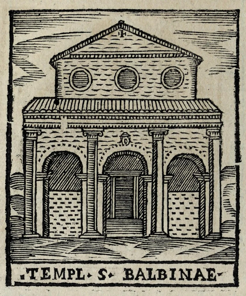 An illustration from Roma sacra, antica, e moderna : figurata e diuisa in tre parti, nella prima delle quali si contengono tutte le chiese, reliquie, stationi, indulgenze, ospedali, monasteri, compagnie, collegij seminari, pitture, e scolture, con la vita de' fondatori, e nomi degl' artefici : nella seconda si contiene la genealogia di Romolo, la serie de i rè, consoli e imperatori, teatri, anfiteatri, naumachie, cerchij, fori, curie, palazzi, & altre antichità : nella terza si contiene la descrittione dello stato presente secondo l'ordine di quattordici rioni, con le loro strade, piazze, fontane ... medaglie di tutti i pontefici delineate dal famoso Tempesta, e nomi dell' imperatori, rè, e duchi : cauate da Tito Liuio ... & altri graui autori : con tauola copiosa, & aggionta di tutte le cose notabili, 1687, leaf 376