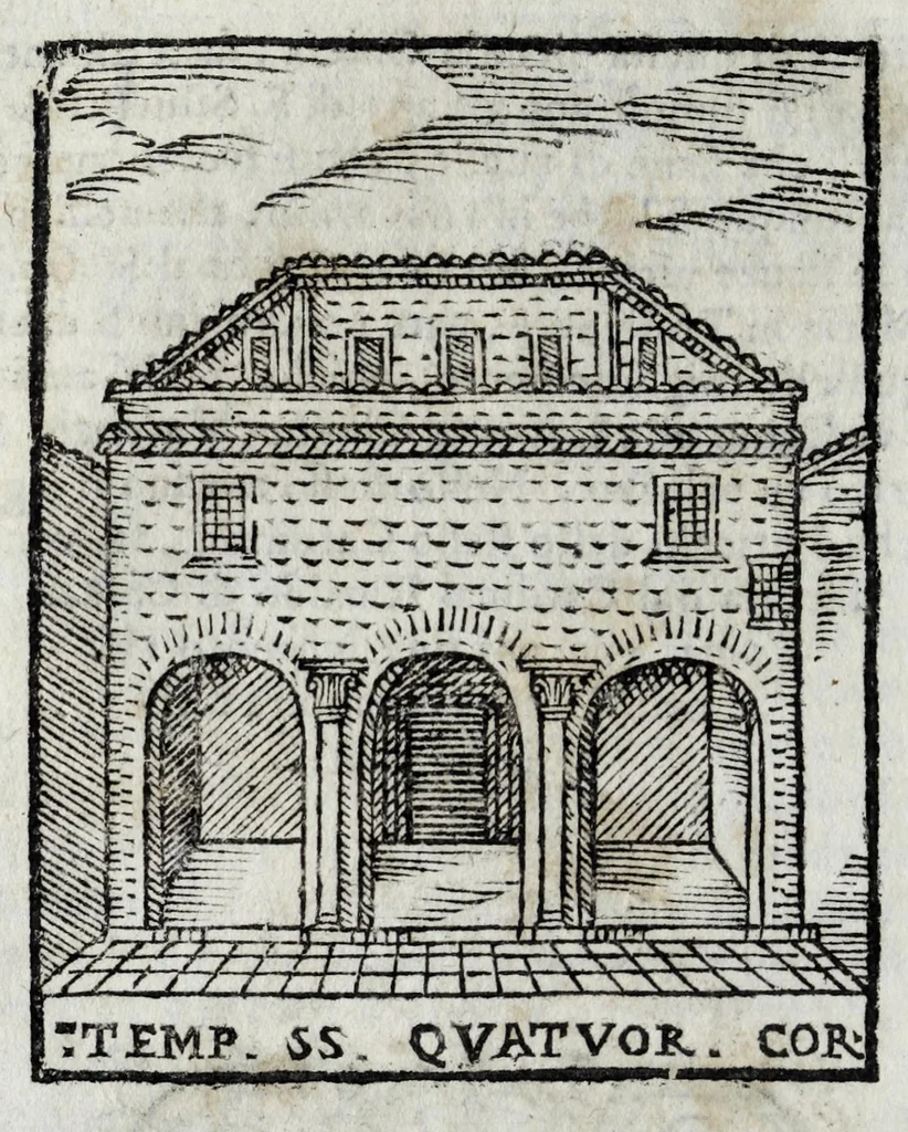 An illustration from Roma sacra, antica, e moderna : figurata e diuisa in tre parti, nella prima delle quali si contengono tutte le chiese, reliquie, stationi, indulgenze, ospedali, monasteri, compagnie, collegij seminari, pitture, e scolture, con la vita de' fondatori, e nomi degl' artefici : nella seconda si contiene la genealogia di Romolo, la serie de i rè, consoli e imperatori, teatri, anfiteatri, naumachie, cerchij, fori, curie, palazzi, & altre antichità : nella terza si contiene la descrittione dello stato presente secondo l'ordine di quattordici rioni, con le loro strade, piazze, fontane ... medaglie di tutti i pontefici delineate dal famoso Tempesta, e nomi dell' imperatori, rè, e duchi : cauate da Tito Liuio ... & altri graui autori : con tauola copiosa, & aggionta di tutte le cose notabili, 1687, leaf 434