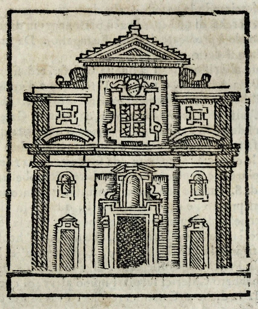An illustration from Roma sacra, antica, e moderna : figurata e diuisa in tre parti, nella prima delle quali si contengono tutte le chiese, reliquie, stationi, indulgenze, ospedali, monasteri, compagnie, collegij seminari, pitture, e scolture, con la vita de' fondatori, e nomi degl' artefici : nella seconda si contiene la genealogia di Romolo, la serie de i rè, consoli e imperatori, teatri, anfiteatri, naumachie, cerchij, fori, curie, palazzi, & altre antichità : nella terza si contiene la descrittione dello stato presente secondo l'ordine di quattordici rioni, con le loro strade, piazze, fontane ... medaglie di tutti i pontefici delineate dal famoso Tempesta, e nomi dell' imperatori, rè, e duchi : cauate da Tito Liuio ... & altri graui autori : con tauola copiosa, & aggionta di tutte le cose notabili, 1687, leaf 469