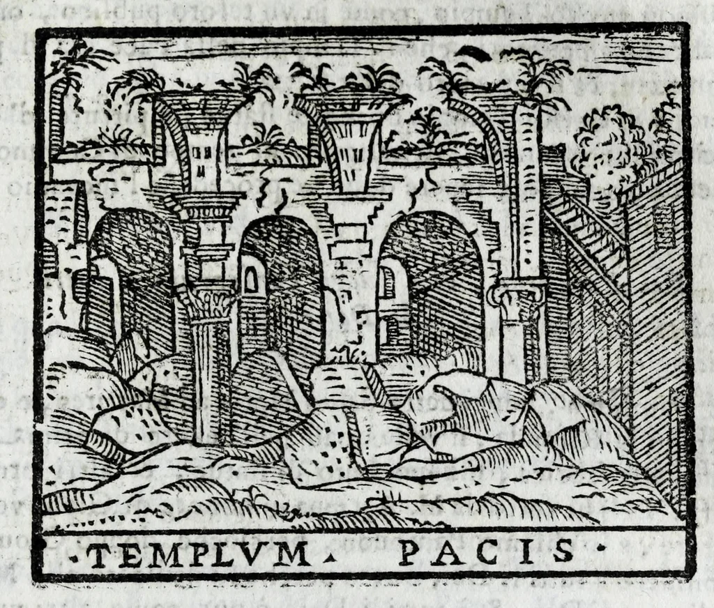An illustration from Roma sacra, antica, e moderna : figurata e diuisa in tre parti, nella prima delle quali si contengono tutte le chiese, reliquie, stationi, indulgenze, ospedali, monasteri, compagnie, collegij seminari, pitture, e scolture, con la vita de' fondatori, e nomi degl' artefici : nella seconda si contiene la genealogia di Romolo, la serie de i rè, consoli e imperatori, teatri, anfiteatri, naumachie, cerchij, fori, curie, palazzi, & altre antichità : nella terza si contiene la descrittione dello stato presente secondo l'ordine di quattordici rioni, con le loro strade, piazze, fontane ... medaglie di tutti i pontefici delineate dal famoso Tempesta, e nomi dell' imperatori, rè, e duchi : cauate da Tito Liuio ... & altri graui autori : con tauola copiosa, & aggionta di tutte le cose notabili, 1687, leaf 701