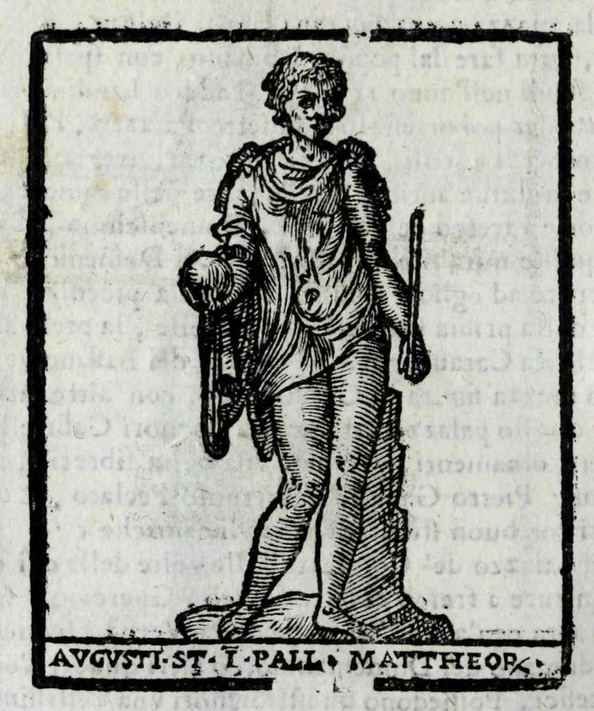 An illustration from Roma sacra, antica, e moderna : figurata e diuisa in tre parti, nella prima delle quali si contengono tutte le chiese, reliquie, stationi, indulgenze, ospedali, monasteri, compagnie, collegij seminari, pitture, e scolture, con la vita de' fondatori, e nomi degl' artefici : nella seconda si contiene la genealogia di Romolo, la serie de i rè, consoli e imperatori, teatri, anfiteatri, naumachie, cerchij, fori, curie, palazzi, & altre antichità : nella terza si contiene la descrittione dello stato presente secondo l'ordine di quattordici rioni, con le loro strade, piazze, fontane ... medaglie di tutti i pontefici delineate dal famoso Tempesta, e nomi dell' imperatori, rè, e duchi : cauate da Tito Liuio ... & altri graui autori : con tauola copiosa, & aggionta di tutte le cose notabili, 1687, leaf 784