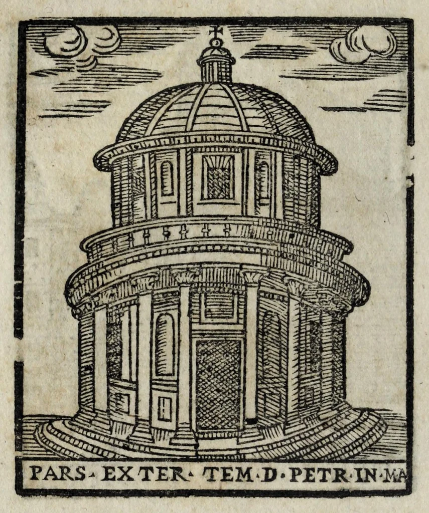 An illustration from Roma sacra, antica, e moderna : figurata e diuisa in tre parti, nella prima delle quali si contengono tutte le chiese, reliquie, stationi, indulgenze, ospedali, monasteri, compagnie, collegij seminari, pitture, e scolture, con la vita de' fondatori, e nomi degl' artefici : nella seconda si contiene la genealogia di Romolo, la serie de i rè, consoli e imperatori, teatri, anfiteatri, naumachie, cerchij, fori, curie, palazzi, & altre antichità : nella terza si contiene la descrittione dello stato presente secondo l'ordine di quattordici rioni, con le loro strade, piazze, fontane ... medaglie di tutti i pontefici delineate dal famoso Tempesta, e nomi dell' imperatori, rè, e duchi : cauate da Tito Liuio ... & altri graui autori : con tauola copiosa, & aggionta di tutte le cose notabili, 1687, leaf 80