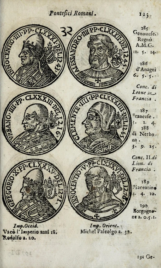 An illustration from Roma sacra, antica, e moderna : figurata e diuisa in tre parti, nella prima delle quali si contengono tutte le chiese, reliquie, stationi, indulgenze, ospedali, monasteri, compagnie, collegij seminari, pitture, e scolture, con la vita de' fondatori, e nomi degl' artefici : nella seconda si contiene la genealogia di Romolo, la serie de i rè, consoli e imperatori, teatri, anfiteatri, naumachie, cerchij, fori, curie, palazzi, & altre antichità : nella terza si contiene la descrittione dello stato presente secondo l'ordine di quattordici rioni, con le loro strade, piazze, fontane ... medaglie di tutti i pontefici delineate dal famoso Tempesta, e nomi dell' imperatori, rè, e duchi : cauate da Tito Liuio ... & altri graui autori : con tauola copiosa, & aggionta di tutte le cose notabili, 1687, leaf 883