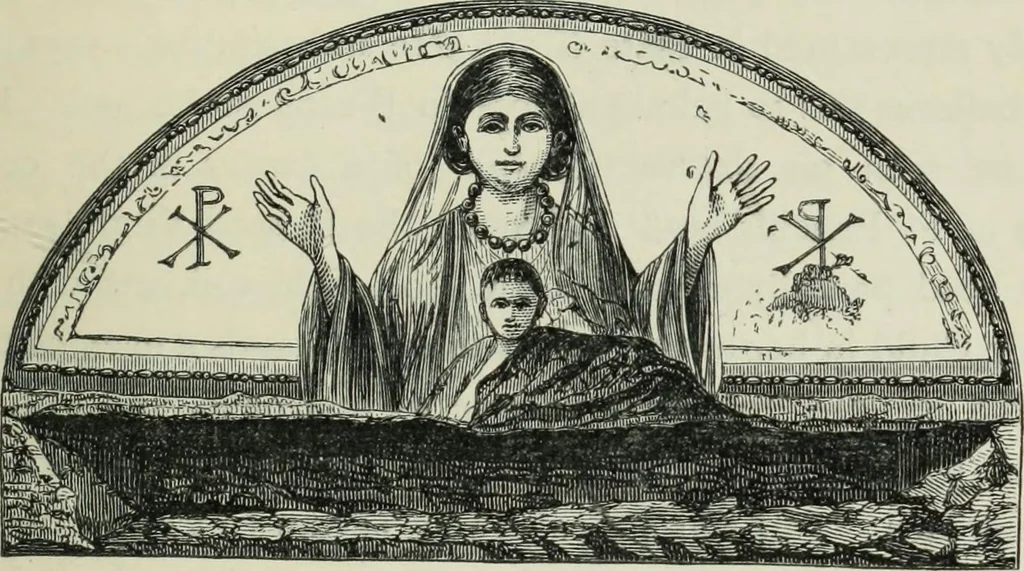 An illustration from Roma Sotterranea; or, Some account of the Roman catacombs especially of the cemetery of San Callisto, compiled from the works of Commendatore de Rossi with the consent of the author, 1869, leaf 284