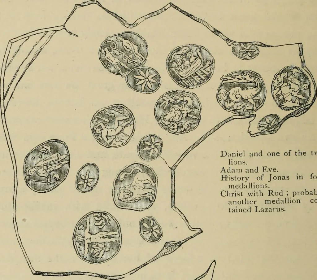 An illustration from Roma Sotterranea; or, Some account of the Roman catacombs especially of the cemetery of San Callisto, compiled from the works of Commendatore de Rossi with the consent of the author, 1869, leaf 317