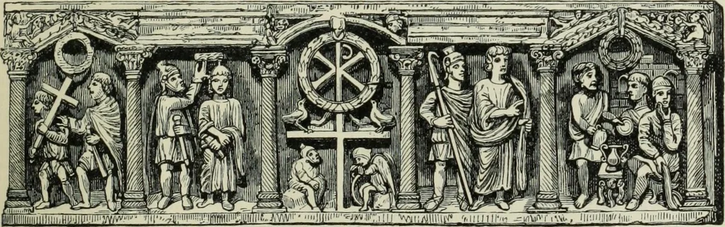 An illustration from Roma Sotterranea; or, Some account of the Roman catacombs especially of the cemetery of San Callisto, compiled from the works of Commendatore de Rossi with the consent of the author, 1869, leaf 334