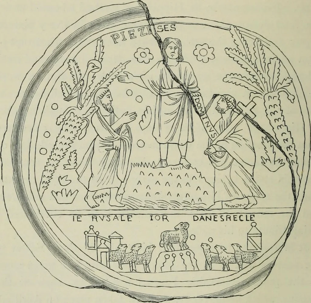 An illustration from Roma Sotterranea; or, Some account of the Roman catacombs especially of the cemetery of San Callisto, compiled from the works of Commendatore de Rossi with the consent of the author, 1869, leaf 343