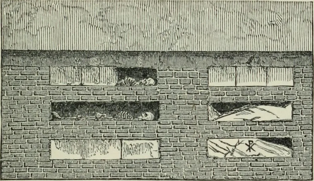 An illustration from Roma Sotterranea; or, Some account of the Roman catacombs especially of the cemetery of San Callisto, compiled from the works of Commendatore de Rossi with the consent of the author, 1869, leaf 350