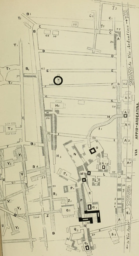 An illustration from Roma Sotterranea; or, Some account of the Roman catacombs especially of the cemetery of San Callisto, compiled from the works of Commendatore de Rossi with the consent of the author, 1869, leaf 406