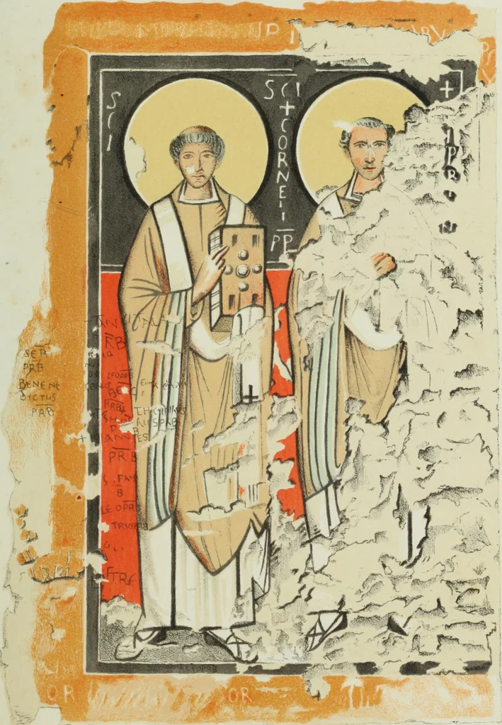 An illustration from Roma Sotterranea; or, Some account of the Roman catacombs especially of the cemetery of San Callisto, compiled from the works of Commendatore de Rossi with the consent of the author, 1869, leaf 454