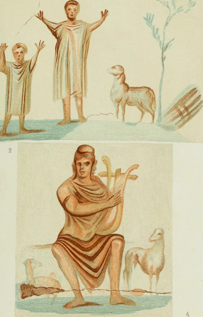 An illustration from Roma Sotterranea; or, Some account of the Roman catacombs especially of the cemetery of San Callisto, compiled from the works of Commendatore de Rossi with the consent of the author, 1869, leaf 466