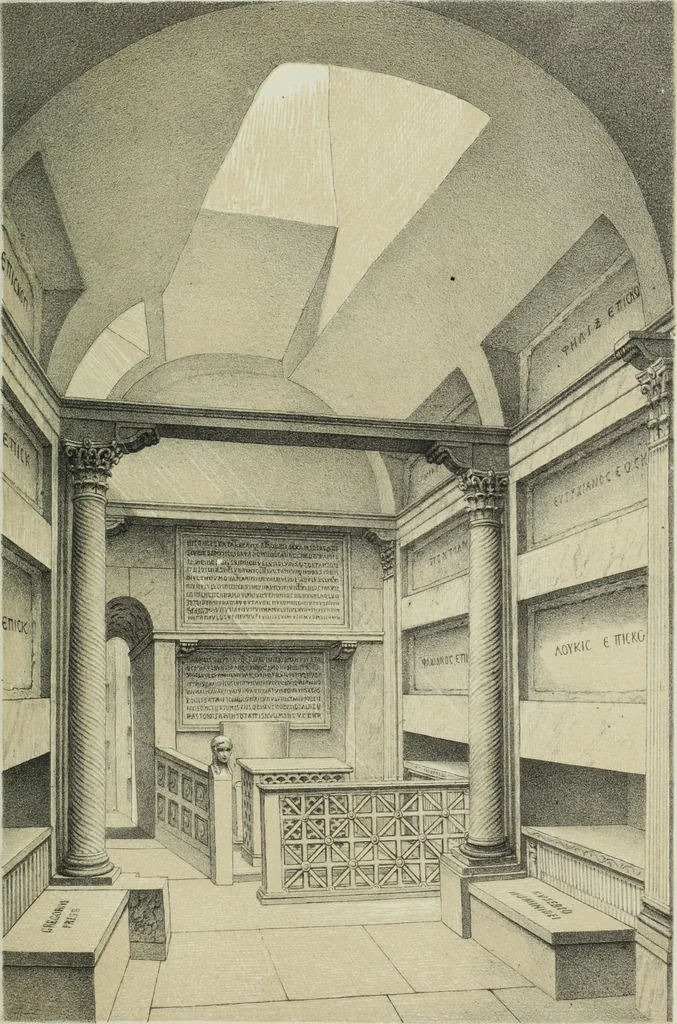 An illustration from Roma Sotterranea; or, Some account of the Roman catacombs especially of the cemetery of San Callisto, compiled from the works of Commendatore de Rossi with the consent of the author, 1869, leaf 474
