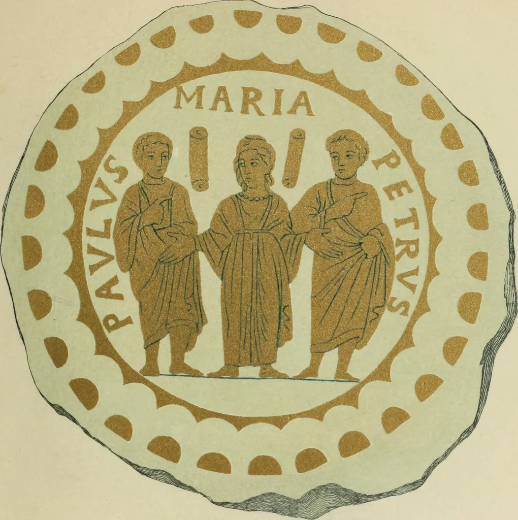An illustration from Roma Sotterranea; or, Some account of the Roman catacombs especially of the cemetery of San Callisto, compiled from the works of Commendatore de Rossi with the consent of the author, 1869, leaf 480