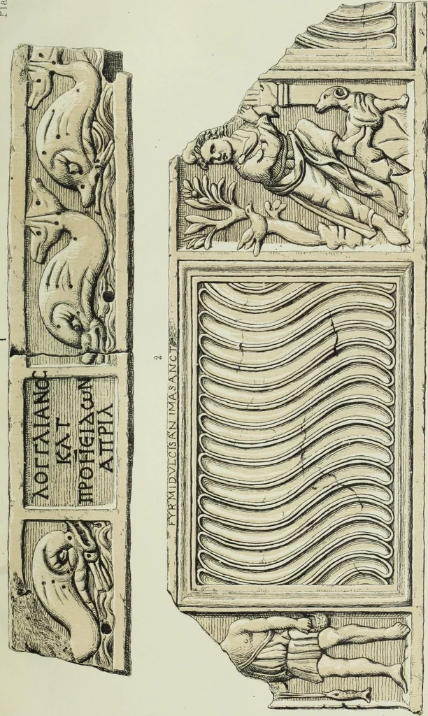 An illustration from Roma Sotterranea; or, Some account of the Roman catacombs especially of the cemetery of San Callisto, compiled from the works of Commendatore de Rossi with the consent of the author, 1869, leaf 484