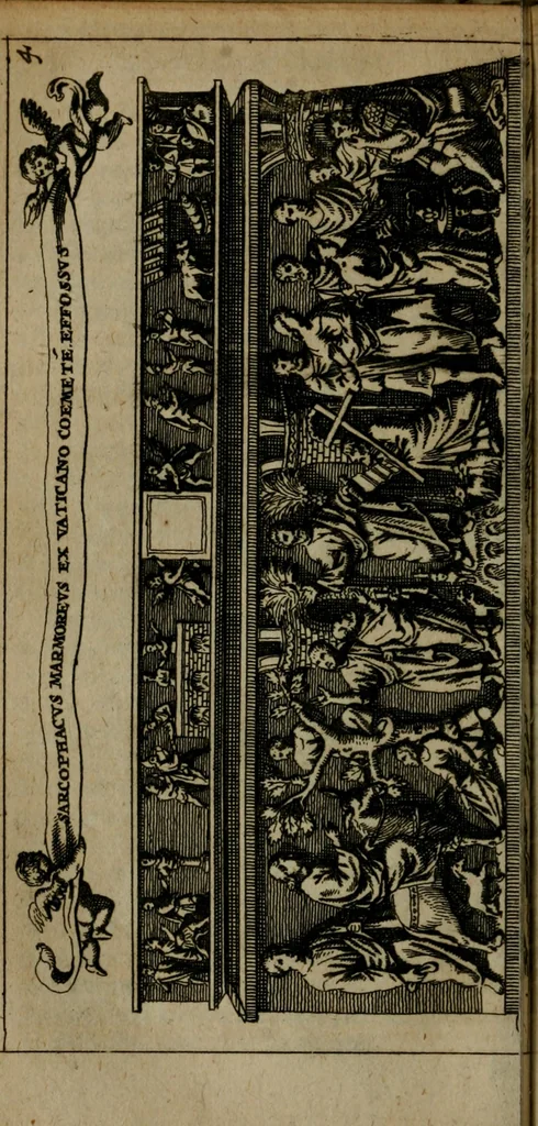 An illustration from Roma subterranea novissima : in qua antiqua christianorum et praecipue martyrum, coemeteria, tituli, monimenta, epitaphia, inscriptiones, ac nobiliora sanctorum sepulchra, tribus libris distincta, fideli enarratione pariter ac graphicis iconibus, ceu gemina face illustrantur : plurimaeque inde res ecclesiasticae declarantur, 1671, leaf 145