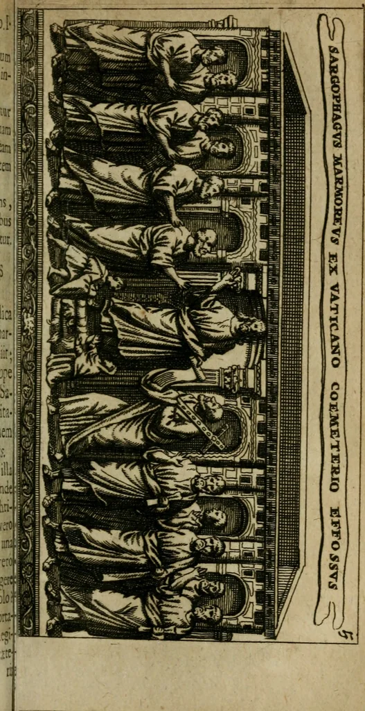 An illustration from Roma subterranea novissima : in qua antiqua christianorum et praecipue martyrum, coemeteria, tituli, monimenta, epitaphia, inscriptiones, ac nobiliora sanctorum sepulchra, tribus libris distincta, fideli enarratione pariter ac graphicis iconibus, ceu gemina face illustrantur : plurimaeque inde res ecclesiasticae declarantur, 1671, leaf 148