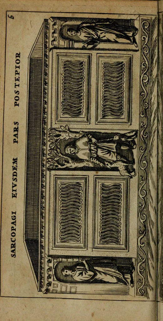 An illustration from Roma subterranea novissima : in qua antiqua christianorum et praecipue martyrum, coemeteria, tituli, monimenta, epitaphia, inscriptiones, ac nobiliora sanctorum sepulchra, tribus libris distincta, fideli enarratione pariter ac graphicis iconibus, ceu gemina face illustrantur : plurimaeque inde res ecclesiasticae declarantur, 1671, leaf 149